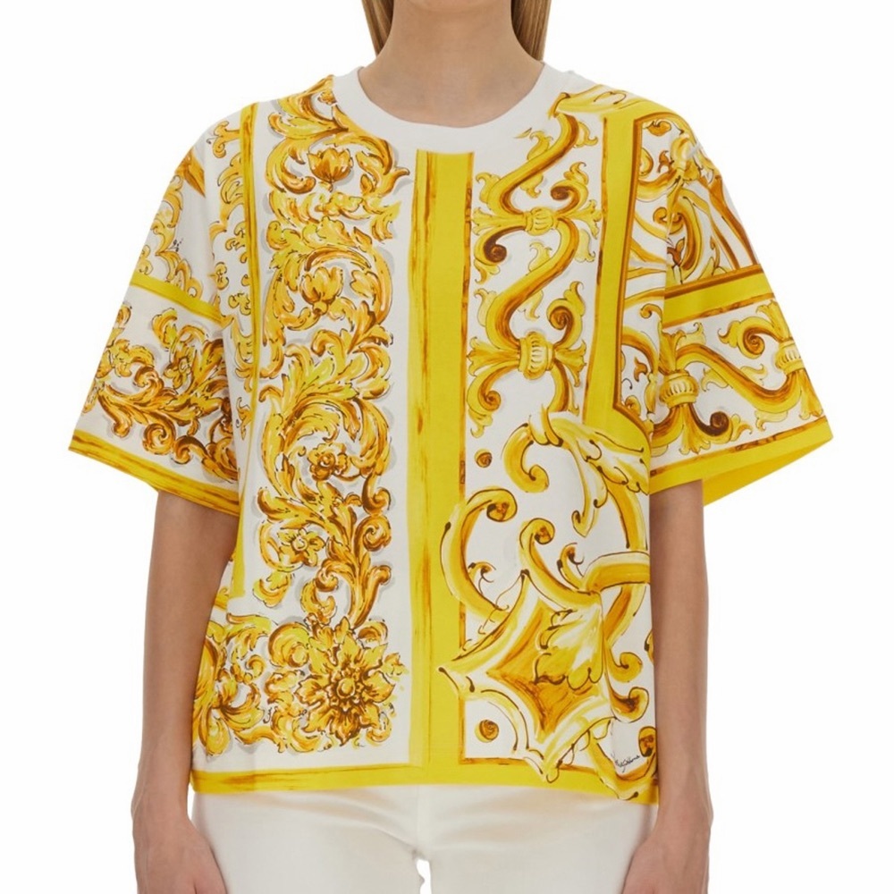 Dolce & Gabbana Majolica Yellow White Floral Print T Shirt Tee Top Cotton IT 44